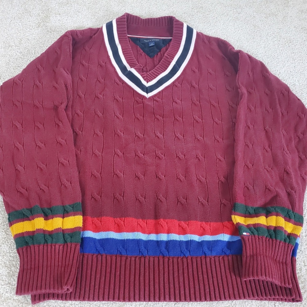 Tommy Hilfiger Sweater Men's Large Burgundy Cable Knit V-Neck Striped
